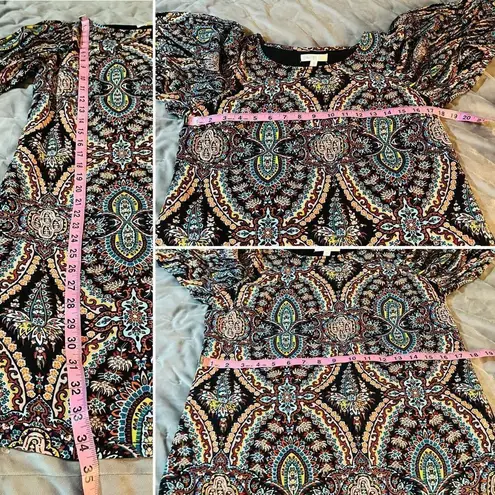 Love FIRE Pleated Wide Arm Shift Dress Mediterranean Stain Glass Print Multi M Blue Size M