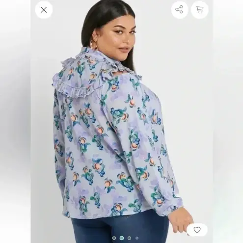 Lost Ink | Women’s Plus Size 4X Ruffled Floral Fruit Button Down Blouse Blue