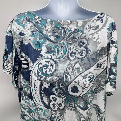 Terra & Sky Paisley V-Neck Blouse-Blue/Gray on White w/Capped Sleeves-Size 2X