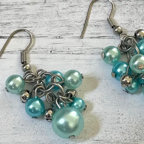 Faux blue Pearl and silver bead dangle earrings
