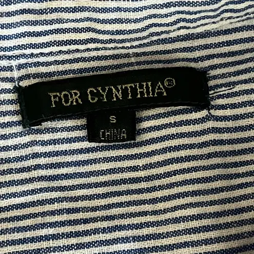 For Cynthia Women’s Blue White Striped Tunic Blouse Embroidered Floral Size S