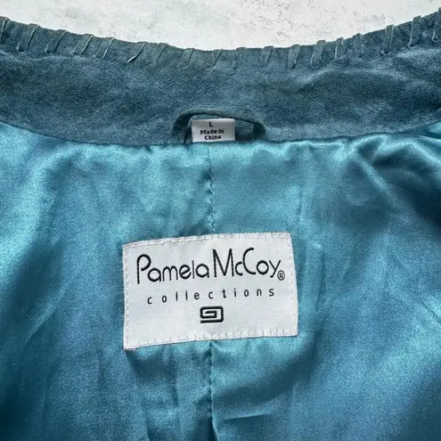 Pamela McCoy Suede Leather Jacket with Fringe Tassels, Size L Teal Blue Size L