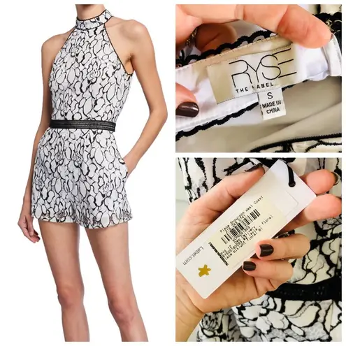 RYSE The Label Layla Halter Neck Black & White Floral Print Lace Romper, sz. S