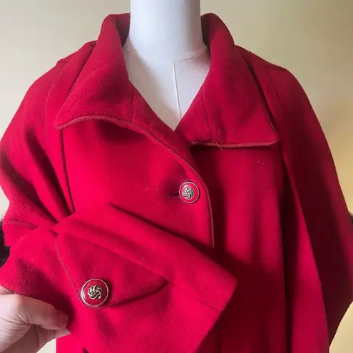 Vintage Dennis Basso Red Wool Cashmere Coat Hooded Faux Fur Trim Scarf Small