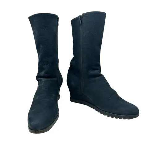 Arche Suede Wedge Tall High Boots Side Zip Leather Stripe Black Size 38 US 7