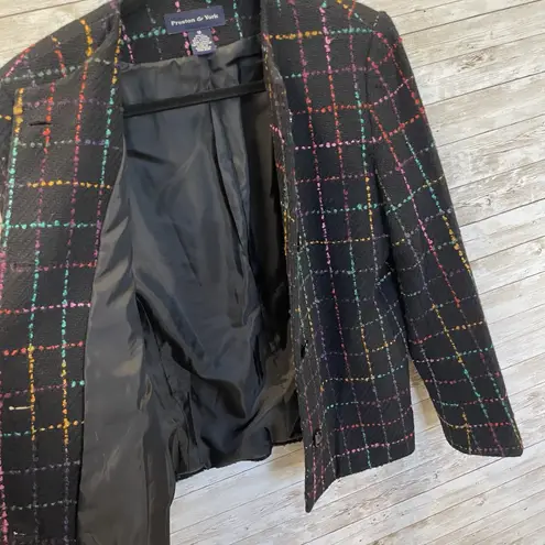 Preston & York Womens 10 Blazer Tweed Black & Pastel Plaid Button Up Wool Blend