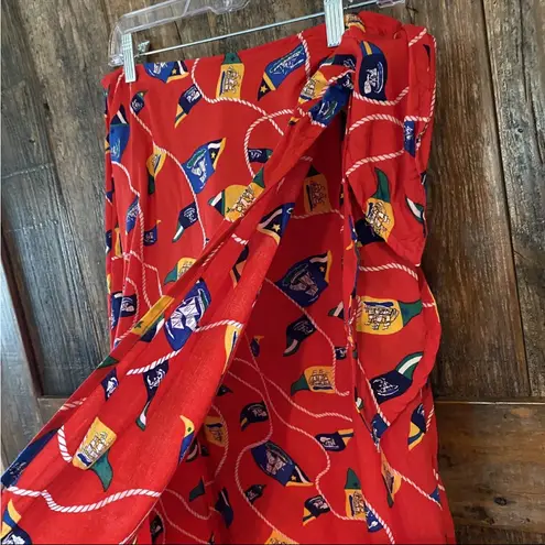 IZOD Vintage Sz 8 Red Nautical Flags Preppy MIDI Wrap Skirt with Side Tie