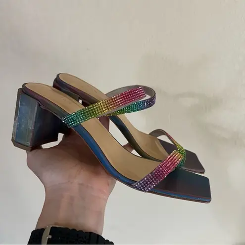 By Far Tanya multicolor rainbow iridescent crystal heeled mule sandal 37/7 Green Size 6