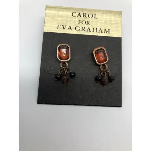 NWT Carol for Eva Graham Pierced Earrings Orange Dark Ruby Brass Tone Dangle