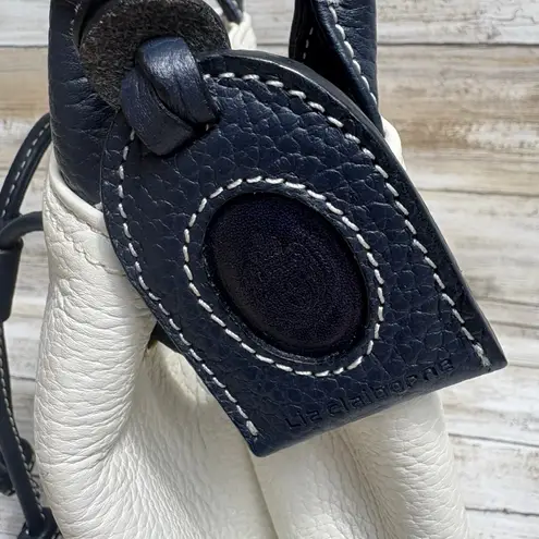 VTG Liz Claiborne Leather Co Purse Handbag Cream Navy Drawstring Satchel Preppy Blue