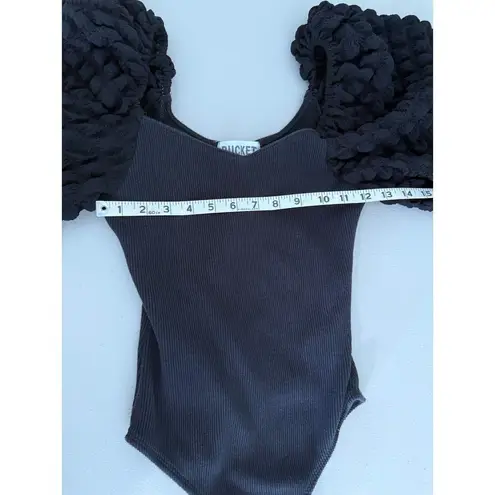 Bucket List Black Ribbed Puff Sleeve Popcorn Textured Stretchy Bodysuit S/M Size M