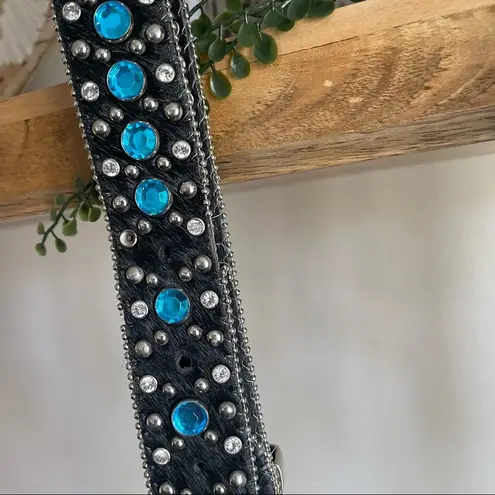 Vintage Boho Blue Jeweled Western Belt SZ S Silver Hardware