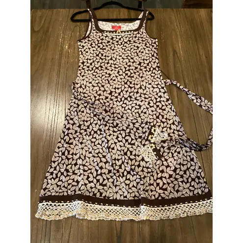 Oscar de la Renta brown & cream floral leaf beaded hem detail sleeveless dress M