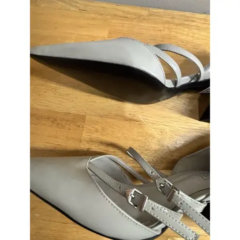Schutz Mid Rue Gray Leather Mid Block Heel Pointed Toe Double Straps (Read) 7.5