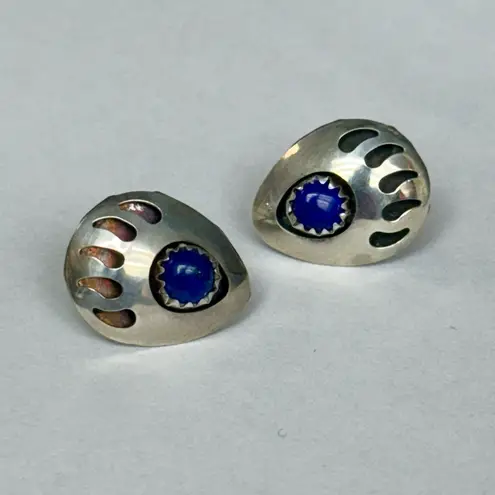 Sterling Silver Bear Paw Earrings with Lapis – 1/2” Studs Native American Style