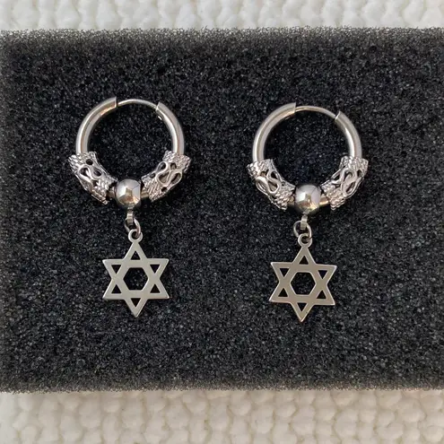 Titanium Steel Six Point Star Dangle Drop Earrings for Men Women Silver