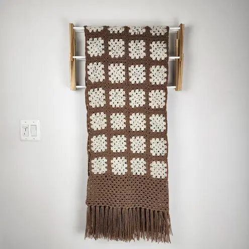 Handmade New Crochet Granny Square Shawl Wrap Fringes Brown Speckled Cream