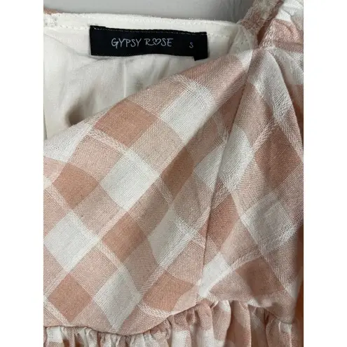 Gypsy Rose Pink & White Gingham Babydoll Dress Puffed Sleeves Pockets Size Small