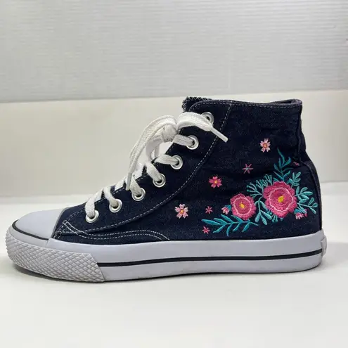 Airwalk Sneaker Womens 10 Navy Denim Embroidered Flowers Lace Up High Top Shoes