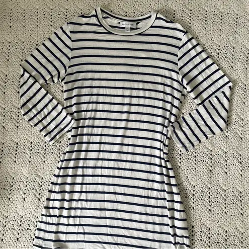 Amour Vert Modal Striped Crewneck 3/4 Sleeve Mini Dress White/Blue (Medium)