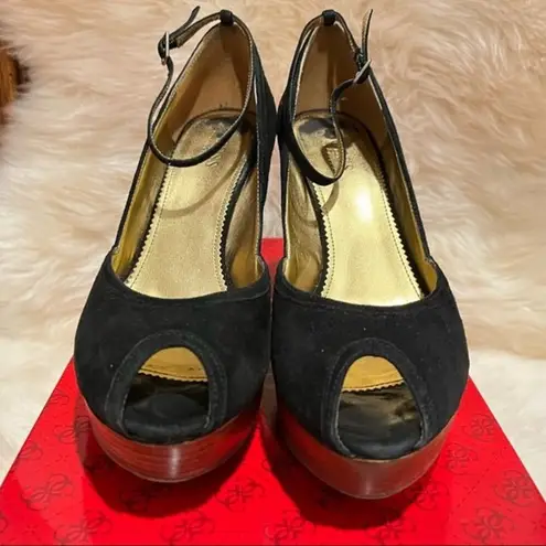 Guess by Marciano Black Suede G-Rice Platform Peep Toe Wedge Sandals Size 8