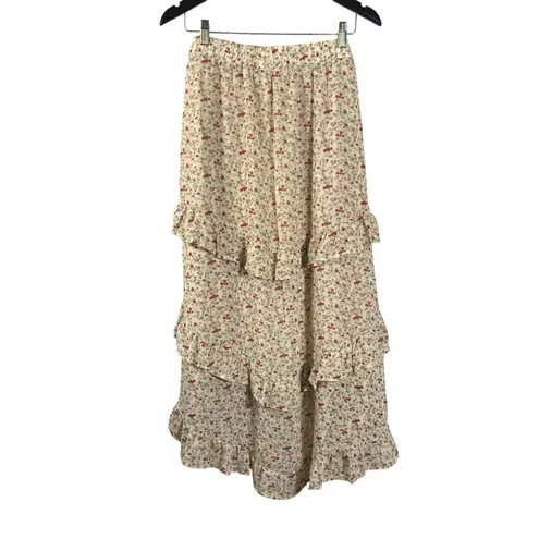 &merci &merci Women's High Low Ruffle Maxi Skirt Floral Boho Beige Size L Elastic Waist