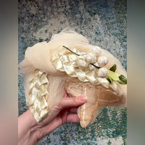 Vintage woven face veil floral bridal wedding headpiece hat Tan