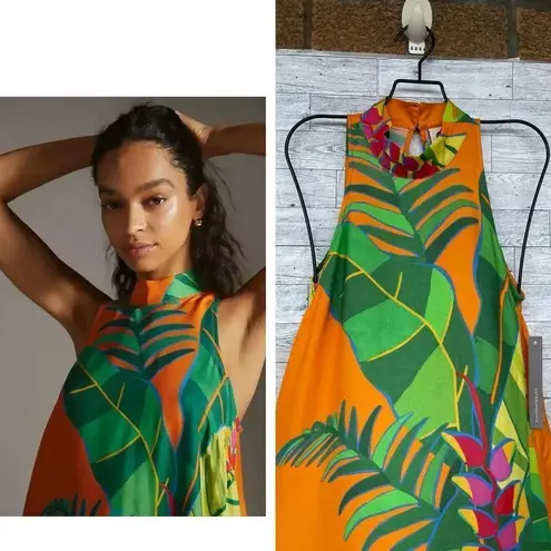 Farm Rio ANTHROPOLOGIE Tropical Leaves Print Halter Maxi Dress XXS Orange
