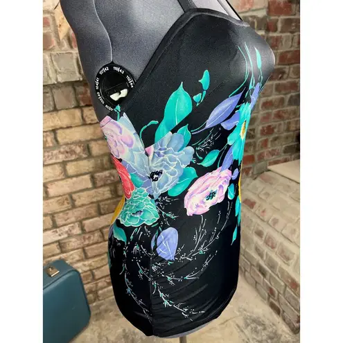 one piece swimsuit floral Vintage 1980s modesty panel Green Size 18