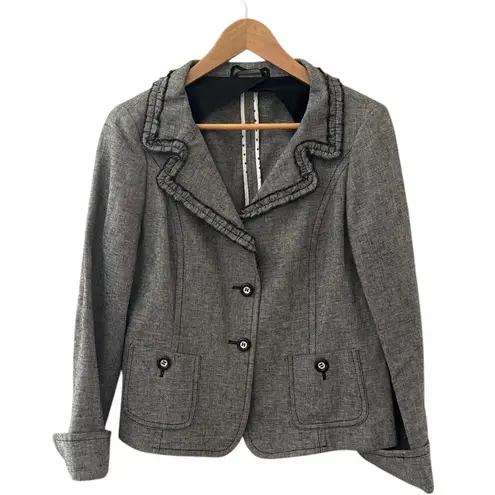 Weekend MaxMara Textured Tweed Ruffled Hem Linen Blend Blazer Size 12 Black