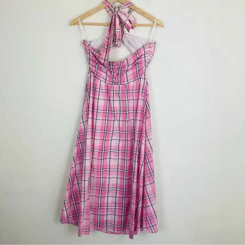 Majorelle ‘Florian’ midi dress in pink plaid w/ halter tie neck & bandeau top. S