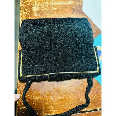 Vintage 70s/80s Black Beaded Embroidered Clutch Closure Beaded Handled Handbag