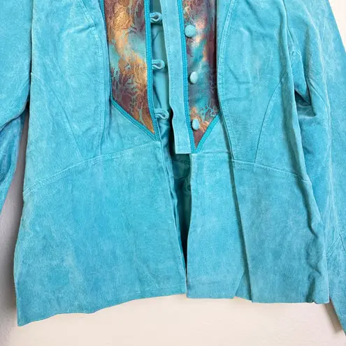 Sharif Studio Suede Jacket Womens L Blue Button Up Animal Print Western NWOT Size L