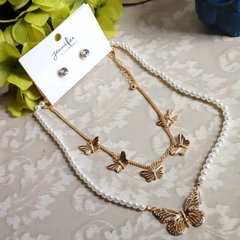 Gold & Pearls Butterfly Double Necklace Set