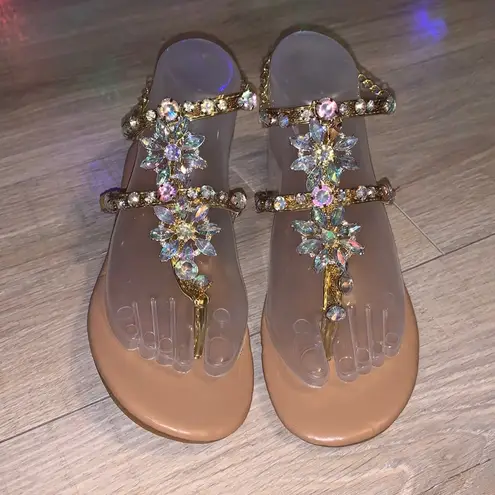 Women's Fashion Casual Flats Rhinestone Round Toe Sandals Buckle Chain Strap Gold Size 8.5