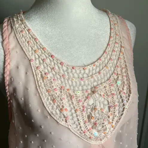 Romantic Sheer Pale Pink Crochet Scoop Neckline Textured Tank Top