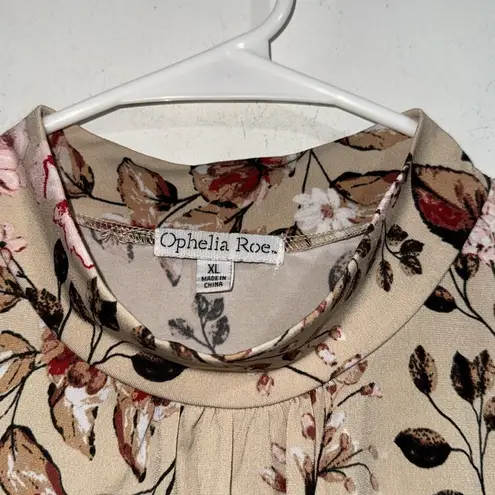 Ophelia Roe  blouse Beige Floral shirt Pink Red Accents cinched puff sleeve xl