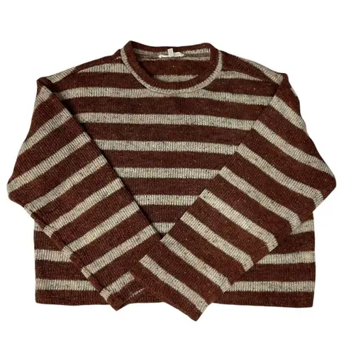 June & Hudson Women's Crewneck Crop Sweater Size M Striped Brown Oatmeal Knit Size M