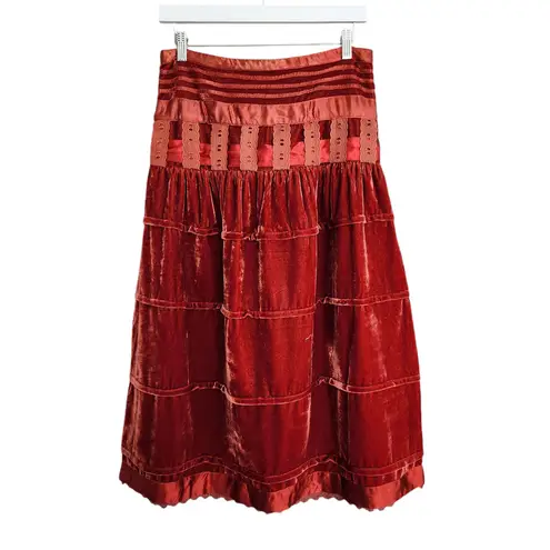 American Vintage Vintage AZ Well Red Velvet Tiered High Waisted Midi Skirt S