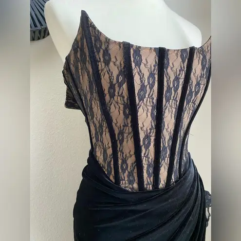 Miss Circle Black Lace Corset Velvet Ruffle High Slit Maxi Dress, Size XS