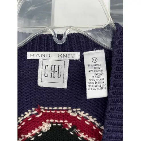 T3 Vintage 90s Knit Sweater Vest Button Front Geometric Abstract Pattern Blue