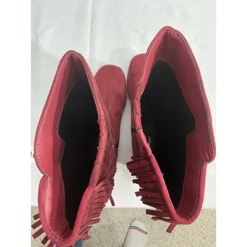 Comfortview Womans Comfort View Midcalf Boots Maroon 9.5 M Pull On Side Zip fringe Flat Heel