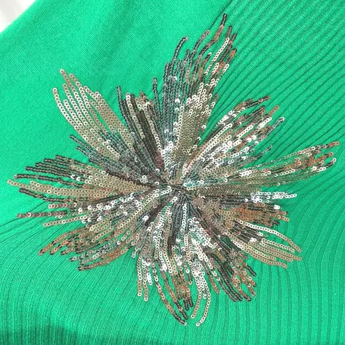 Bright Green Holiday Cardigan Open Front Gold Sequin Flower Sunbursts INC size M Size M