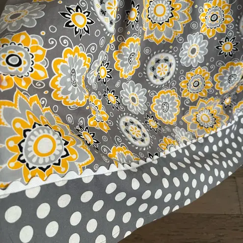 Handmade Gray Yellow Floral Polka Dot Midi Dress Mod Retro Style M
