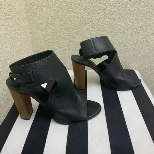 Vince  Addie wood block black leather ankle wrapped heeled bootie sandals. 10