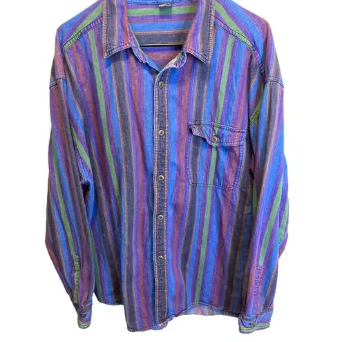 Basic 955 Jeans Bright Colorful Vintage Denim Striped Long Sleeve Button Up XL