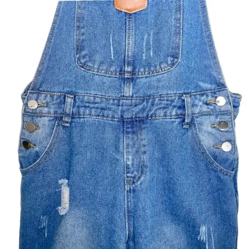 Vintage Y2K Straight Leg Medium Blue Denim Wash Distressed Bib Overalls