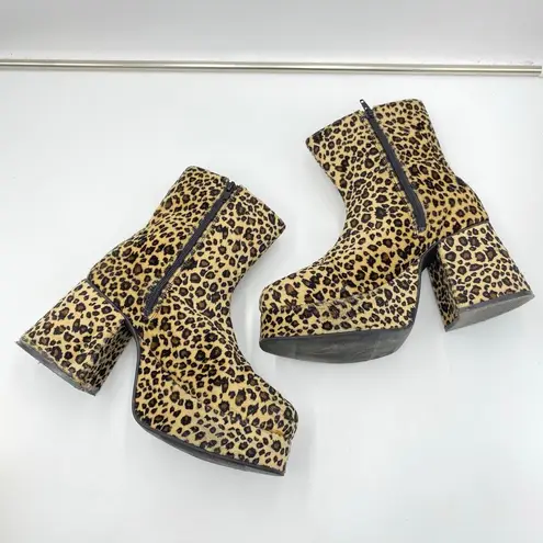 Vtg Plats Leopard Plush Platform Super Chucky Ankle Boots Size 10 Disco Funky