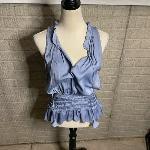 Current Air Light Blue Vneck Ruffled Smocked Satin Sleeveless Blouse Size XS