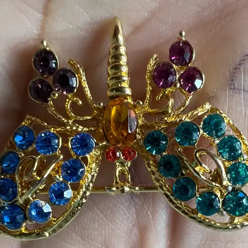 Elegant Gold Butterfly Brooch with Blue and Purple Accents